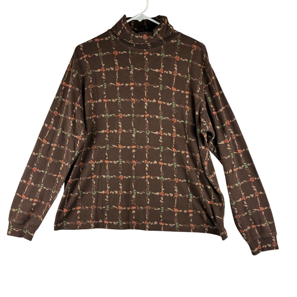 Classic Elements Turtleneck Top Women's Large Fall Pumpkin Leaf Print Brown
